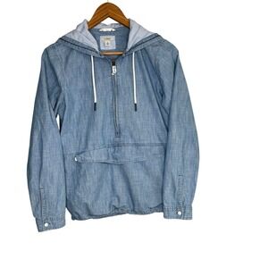 LL Bean Womens Pullover Small Blue Chambray Popover Hood Kangaroo Active Outdoor